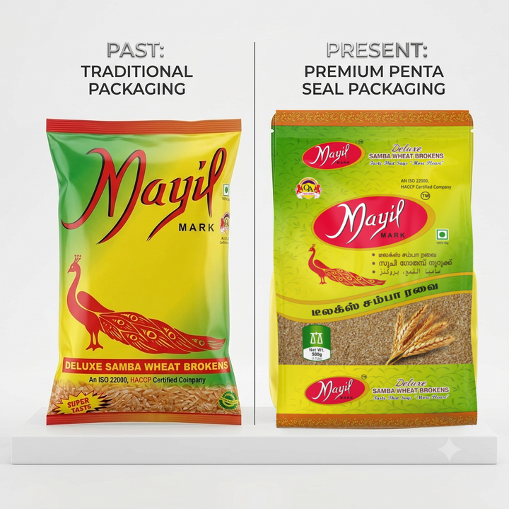 Mayil Mark’s visionary was focussed towards improving the quality by the integration of World Class Penta Seal Packing for its Iconic Samba/Khapli Ravai.